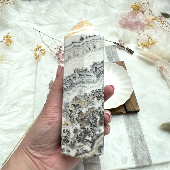 Gorgeous Dendritic Banded Orange Calcite Tower Obelisk - Picture 7 of 9